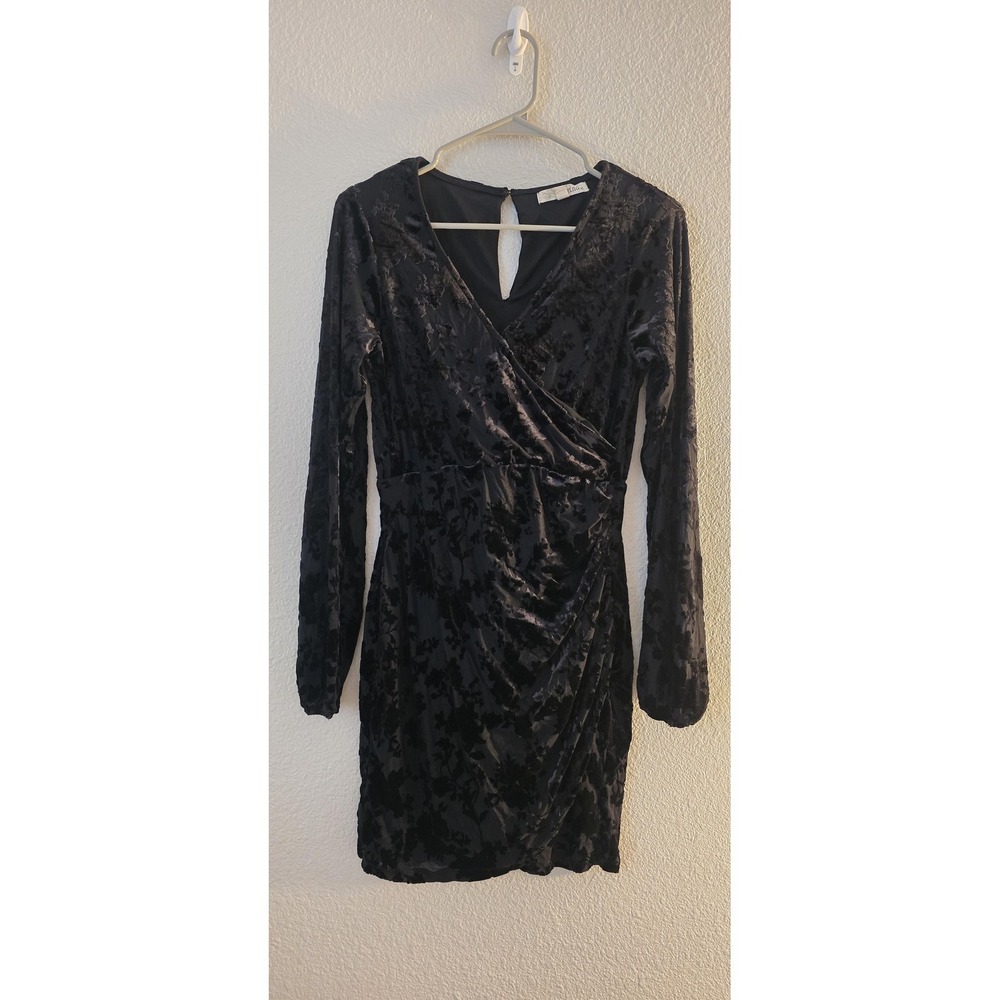 Rewind Dress Womens Medium Black Burnout Velvet Floral Wrap Ruched Short Mini‎